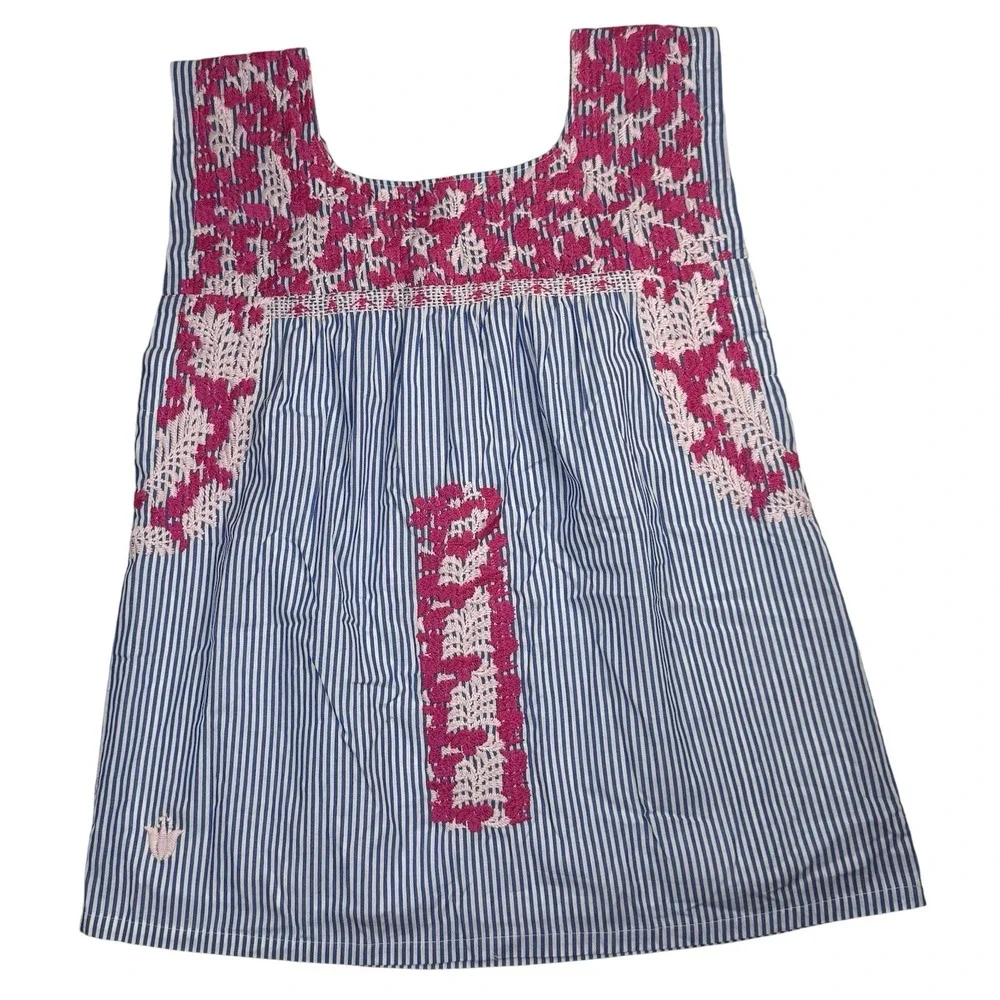 J MARIE Embroidered Top‎ Tunic Fuschia Pink Blue Pinstripes Sleeveless Floral XS - Picture 8 of 13